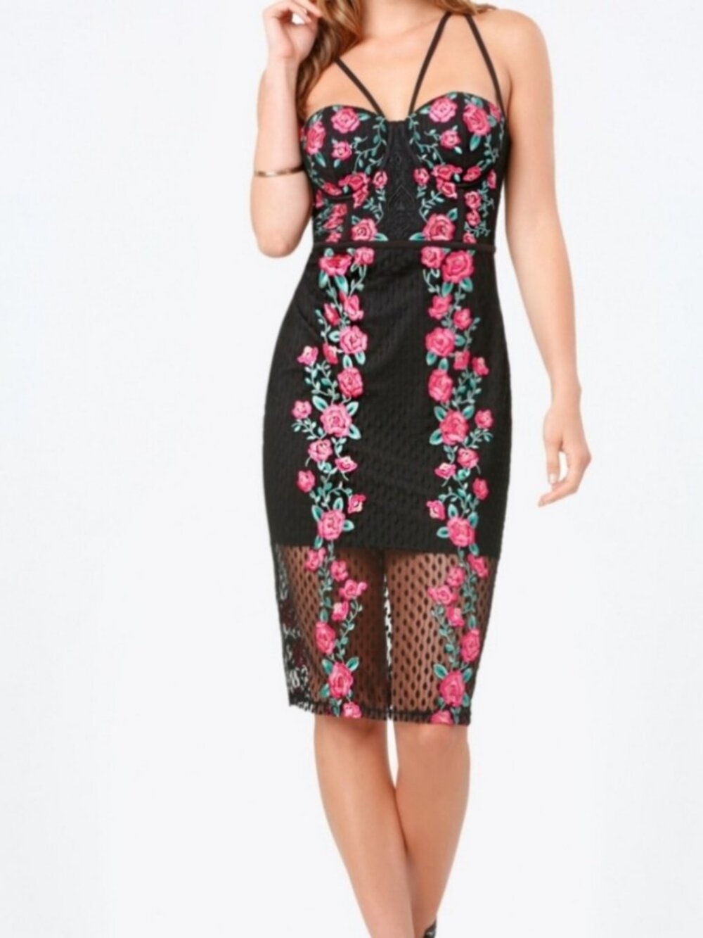 Bebe Black Floral Embroidered Dot Tulle Dress